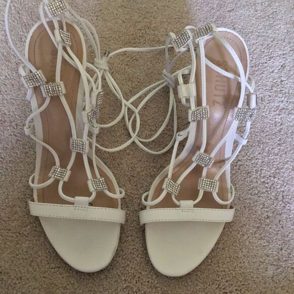 Schutz Kallie Nappa 8B White Leather Strappy 3'' Rhinestone Lace Up Heel's - Picture 5 of 10